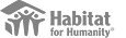 Logo of Habitat for Humanity, featuring stylized human figures holding up a roof above their heads alongside the organization's name.