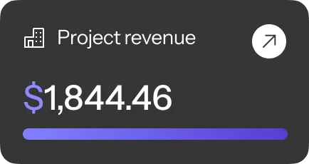 This graphic card displays Project revenue: $1,844.46 with a purple progress bar and an arrow icon for more details.