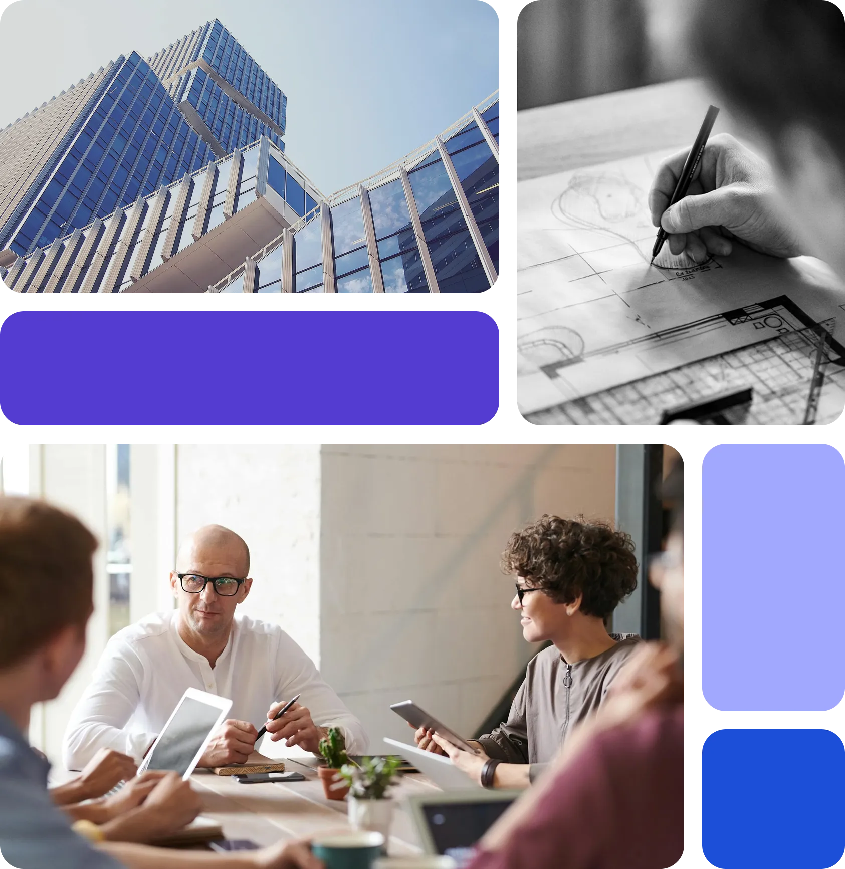A collage of four images: a modern glass building, a hand drawing on a blueprint, a group of people around a table looking at tablets, and a solid blue panel.