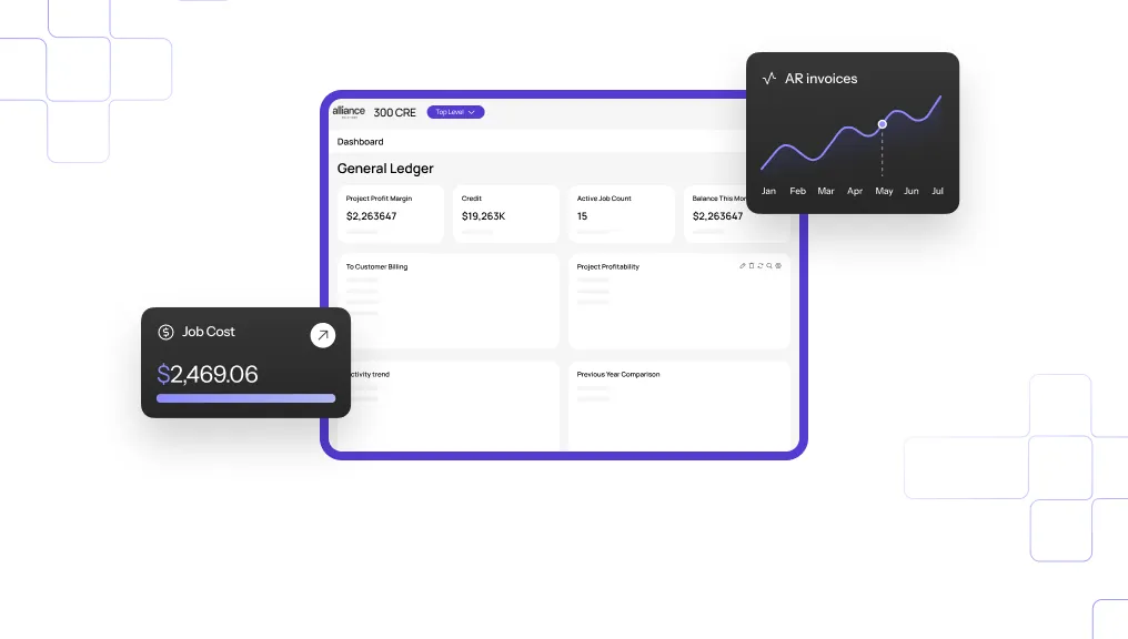 The image shows a dashboard with financial data. The dashboard is titled \"General Ledger\" and includes information such as Project Profit Margin, Credit, Active Job Count, and Balance This Month. There is also a graph showing AR invoices over time. A popup shows a job cost of $2,469.06.