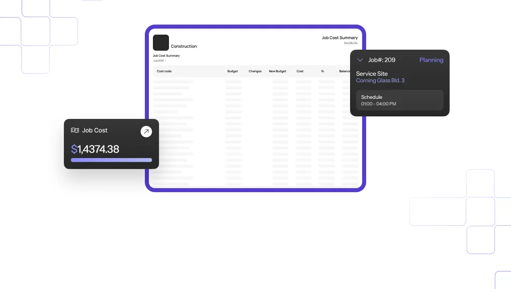 The image shows a digital interface for job cost management. The main element is a table with a blue border, labeled \"Job Cost Summary,\" displaying data related to construction costs. Columns include \"Cost code,\" \"Budget,\" \"Changes,\" \"New Budget,\" \"Cost,\" \"%,\" and \"Balance.\" The table rows are filled with horizontal lines, indicating data placeholders.

Overlapping the table is a dark gray card titled \"Job Cost,\" displaying a total cost of \"$1,4374.38\" with a progress bar underneath. To the right of the table, another dark gray card shows job details: \"Job#:209\" with a \"Planning\" tag, \"Service Site: Corning Glass Bld. 3,\" and \"Schedule: 01:00-04:00 PM.\" The interface uses a clean, modern design with a blue and gray color scheme. The background features a subtle pattern of interconnected plus signs.