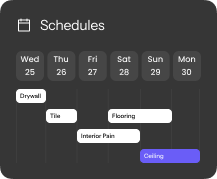 Schedules calendar showing tasks: Drywall, Tile, Flooring, Interior Paint, and Ceiling across dates Wed 25 to Mon 30.