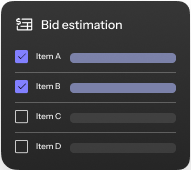 Bid estimation chart with progress bars; Items A and B checked, Items C and D unchecked.